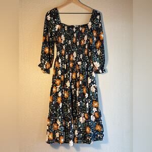 Baltic Born Dark Green Midi Dress with Orange & White Floral Print